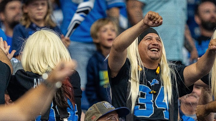 A fan wearing an Alex Anzalone (34) jersey cheers during the second half of the pre-season game against the Texans A fan wearing an Alex Anzalone (34) jersey cheers during the second half of the pre-season game against the Texans