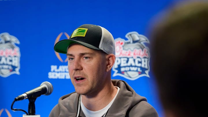 Oregon offensive coordinator Will Stein speaks during a media day as the Oregon Ducks arrive on Jan. 7, 2025, in Atlanta, Georgia ahead of the Peach Bowl at Mercedes-Benz Stadium.