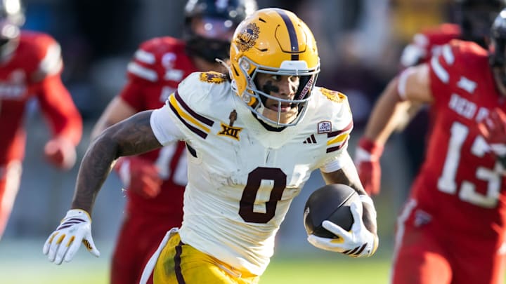 Oct 18, 2025; Tempe, Arizona, USA; Arizona State Sun Devils wide receiver Jordyn Tyson (0) against the Texas Tech Red Raiders in the second half at Mountain America Stadium. Mandatory Credit: Mark J. Rebilas-Imagn Images Oct 18, 2025; Tempe, Arizona, USA; Arizona State Sun Devils wide receiver Jordyn Tyson (0) against the Texas Tech Red Raiders in the second half at Mountain America Stadium. Mandatory Credit: Mark J. Rebilas-Imagn Images