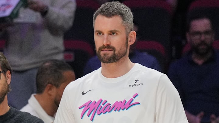Jan 29, 2025; Miami, Florida, USA; Miami Heat forward Kevin Love (42) looks on during warm-ups before the game against the Cleveland Cavaliers at Kaseya Center. Mandatory Credit: Jim Rassol-Imagn Images Jan 29, 2025; Miami, Florida, USA; Miami Heat forward Kevin Love (42) looks on during warm-ups before the game against the Cleveland Cavaliers at Kaseya Center. Mandatory Credit: Jim Rassol-Imagn Images