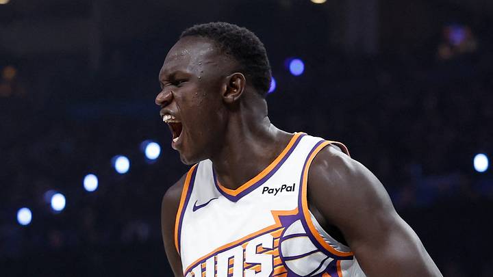 Oklahoma City, Oklahoma, USA; Phoenix Suns center Khaman Maluach (10) screams after dunking against the Oklahoma City Thunder in the first half during game two of the first round of the 2026 NBA Playoffs at Paycom Center on Apr 22, 2026.