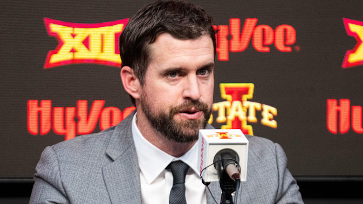 Jimmy Rogers speaks during his introductory press conference as Iowa State’s new head football coach on Dec. 8, 2025, at Iowa State University in Ames, IA.