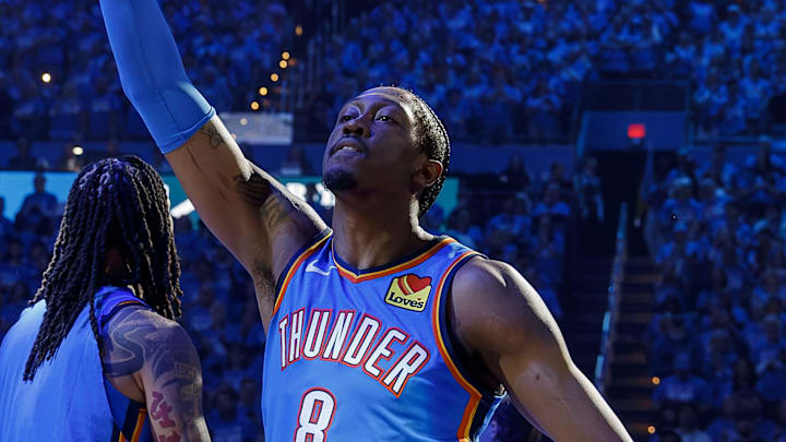 Apr 19, 2026; Oklahoma City, Oklahoma, USA; Oklahoma City Thunder guard Jalen Williams (8) during team introductions before game one of the first round of the 2026 NBA Playoffs at Paycom Center. Mandatory Credit: Alonzo Adams-Imagn Images