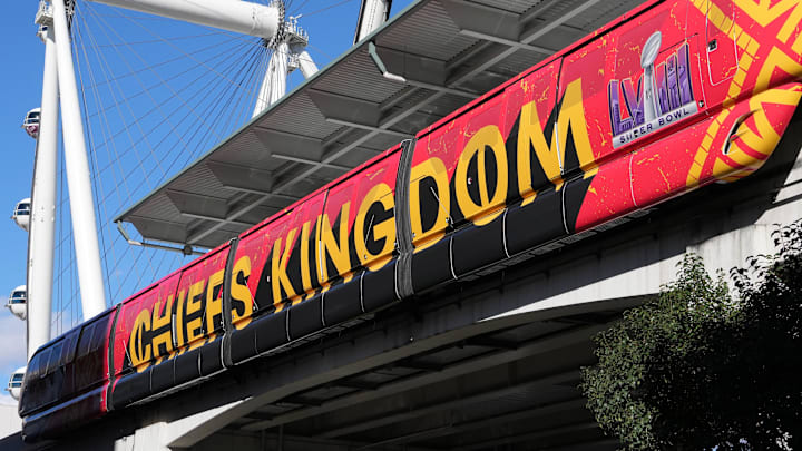 Feb 10, 2024; Las Vegas, NV, USA; A monorail with Kansas City Chiefs slogan \"Chiefs Kingdom\" prior to Super Bowl 58. Mandatory Credit: Kirby Lee-Imagn Images