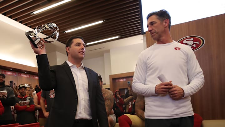 San Francisco 49ers CEO Jed York (L) and head coach Kyle Shanahan (R)