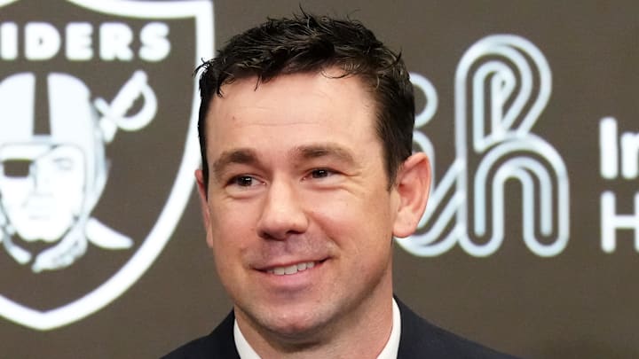 Feb 10, 2026; Henderson, NV, USA; Las Vegas Raiders coach Klint Kubiak speaks at introductory press conference at Intermountain Health Performance Center. Mandatory Credit: Kirby Lee-Imagn Images