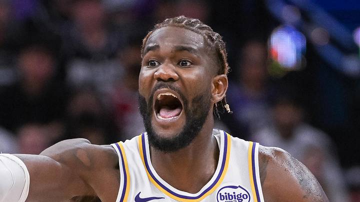 Oct 26, 2025; Sacramento, California, USA; Los Angeles Lakers center Deandre Ayton (5) reacts to a call during the fourth quarter of the game against the Sacramento Kings at Golden 1 Center. Mandatory Credit: Ed Szczepanski-Imagn Images