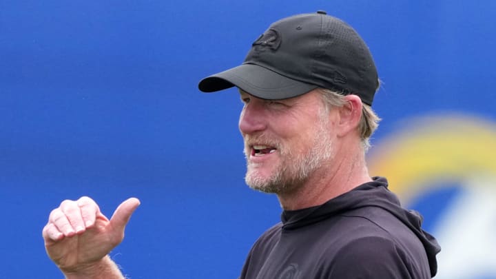 Los Angeles Rams general manager Les Snead reacts. Mandatory Credit: Kirby Lee-Imagn Images