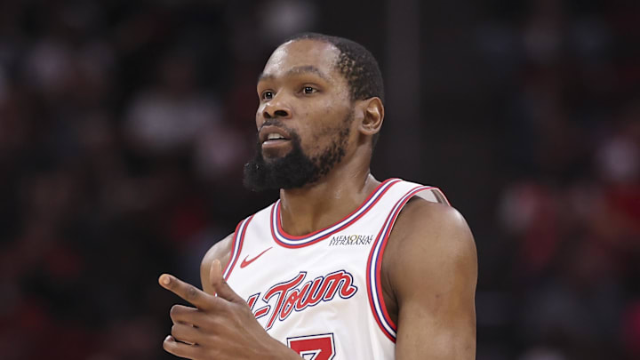 Apr 10, 2026; Houston, Texas, USA; Houston Rockets forward Kevin Durant (7) reacts after scoring a basket during the third quarter against the Minnesota Timberwolves at Toyota Center. Mandatory Credit: Troy Taormina-Imagn Images