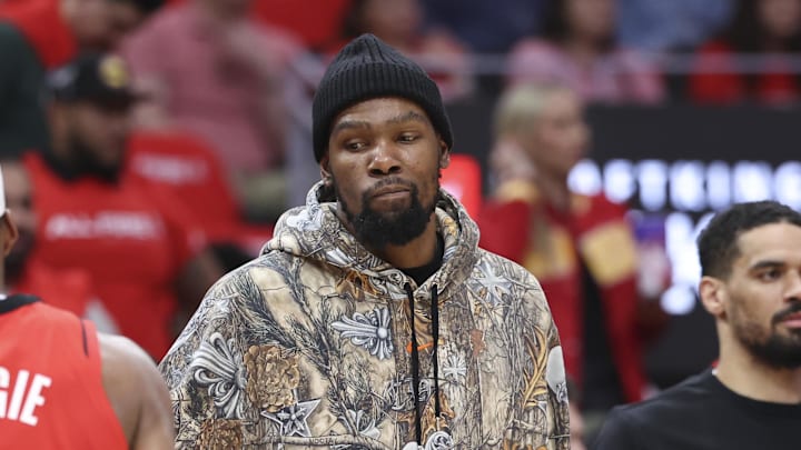 Apr 26, 2026; Houston, Texas, USA; Houston Rockets forward Kevin Durant stands on the sideline during the first quarter against the Los Angeles Lakers during game four of the first round of the 2026 NBA Playoffs at Toyota Center. Mandatory Credit: Troy Taormina-Imagn Images