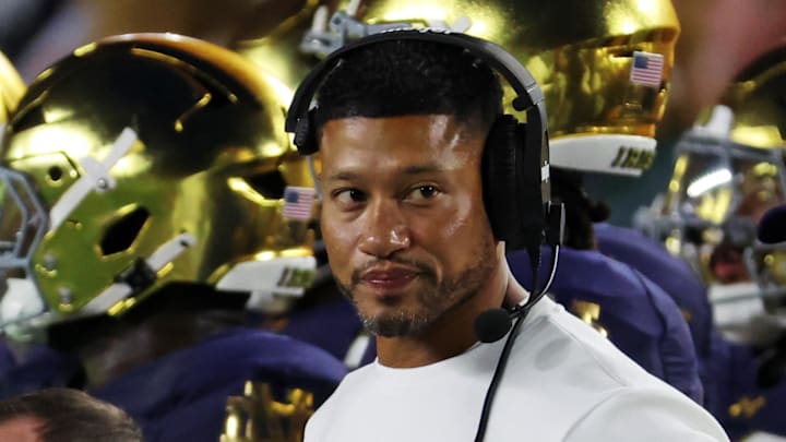 Sep 13, 2025; South Bend, Indiana, USA; Notre Dame Fighting Irish head coach Marcus Freeman looks on during the first half against the Texas A&M Aggies at Notre Dame Stadium.