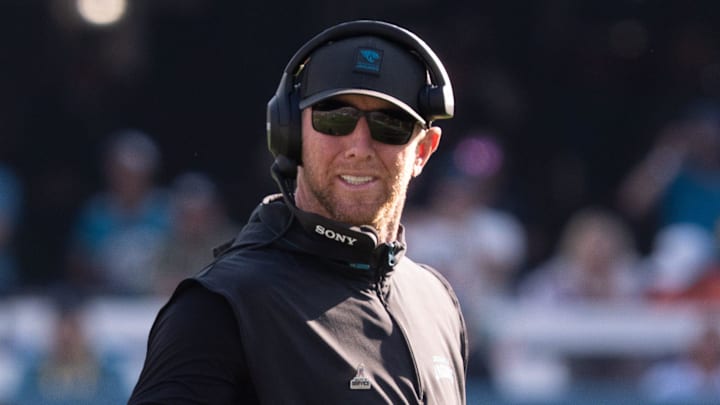 Jacksonville Jaguars head coach Liam Coen reacts to having to take a timeout after a bobbled play during the third fourth in an NFL football game at EverBank Stadium, Sunday, November 16, 2025, in Jacksonville, Fla. [Doug Engle/Florida Times-Union]
