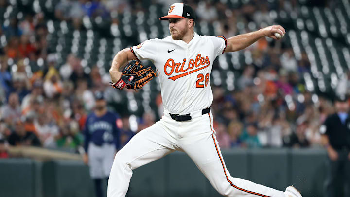 Aug 13, 2025; Baltimore, Maryland, USA; Baltimore Orioles pitcher Trevor Rogers (28) throws during the first inning against the Seattle Mariners at Oriole Park at Camden Yards. Aug 13, 2025; Baltimore, Maryland, USA; Baltimore Orioles pitcher Trevor Rogers (28) throws during the first inning against the Seattle Mariners at Oriole Park at Camden Yards.