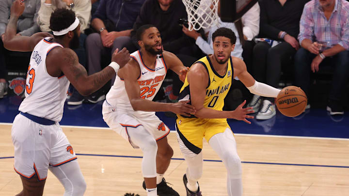 May 29, 2025; New York, New York, USA; Indiana Pacers guard Tyrese Haliburton (0) controls the ball against New York Knicks forward Mikal Bridges (25) in the first quarter during game five of the eastern conference finals for the 2025 NBA Playoffs at Madison Square Garden. Mandatory Credit: Vincent Carchietta-Imagn Images