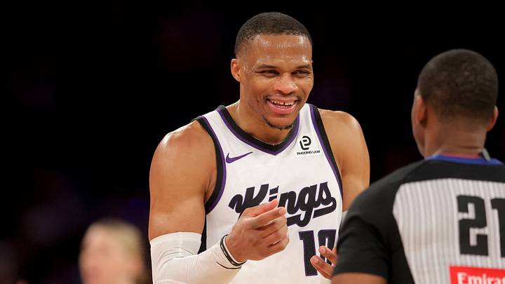 Jan 27, 2026; New York, New York, USA; Sacramento Kings guard Russell Westbrook (18) laughs as he talks to referee Dedric Taylor (21) during the fourth quarter against the New York Knicks at Madison Square Garden. Jan 27, 2026; New York, New York, USA; Sacramento Kings guard Russell Westbrook (18) laughs as he talks to referee Dedric Taylor (21) during the fourth quarter against the New York Knicks at Madison Square Garden.
