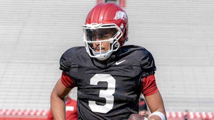 Arkansas Razorbacks quarterback Madden Iamaleava during spring practice drills inside Razorback Stadium in Fayetteville, Ark.