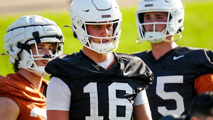 Texas Longhorns quarterback, Arch Manning during his first practice of the spring season on Tuesday, March 25, 2025. Texas Longhorns quarterback, Arch Manning during his first practice of the spring season on Tuesday, March 25, 2025.