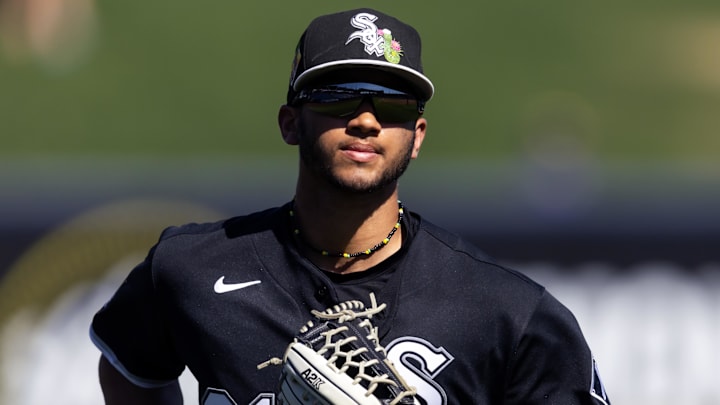 Feb 27, 2026; Phoenix, Arizona, USA; Chicago White Sox outfielder Braden Montgomery against the Milwaukee Brewers during a spring training game at American Family Fields of Phoenix. Mandatory Credit: Mark J. Rebilas-Imagn Images