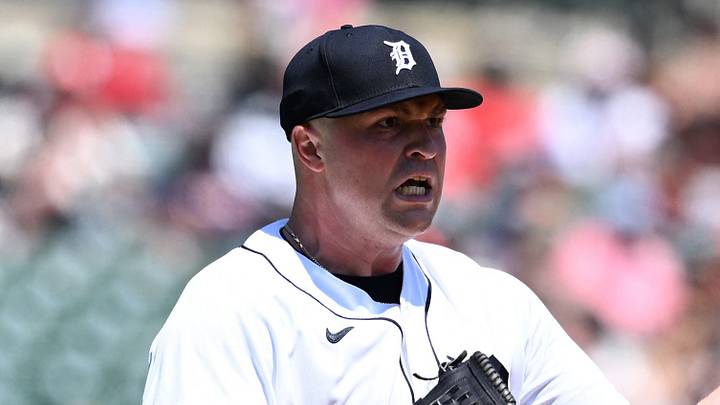 Jul 12, 2026; Detroit, Michigan, USA; Detroit Tigers starting pitcher Tarik Skubal (29) reacts after striking out Philadelphia Phillies designated hitter Kyle Schwarber (not pictured) with runners on second and third base to get out of the fifth inning at Comerica Park. Mandatory Credit: Lon Horwedel-Imagn Images