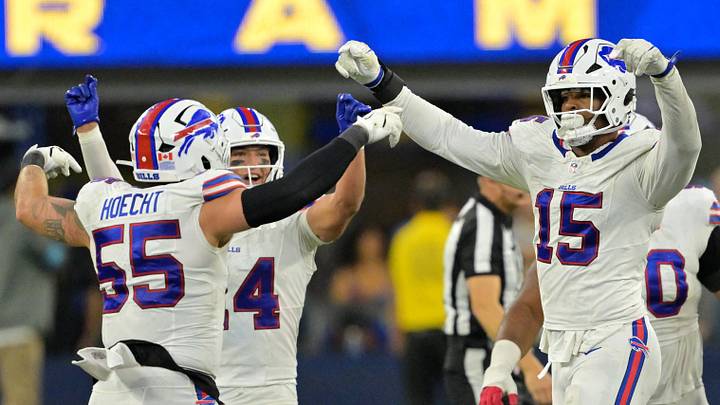 Oct 12, 2026; Inglewood, California, USA;  Buffalo Bills linebacker Greg Rousseau (15) celebrates with Buffalo Bills defensive end Michael Hoecht (55) after blocking a field goal during overtime against the Los Angeles Rams at SoFi Stadium.  Mandatory Credit: Jayne Kamin-Oncea-Imagn Images