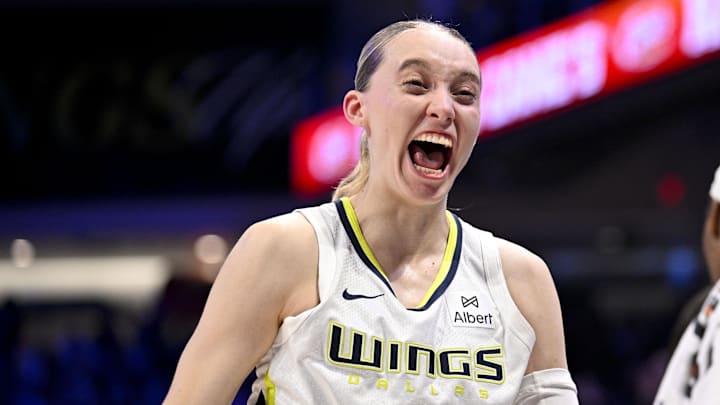 Sep 11, 2025; Arlington, Texas, USA; Dallas Wings guard Paige Bueckers (5) celebrates after the game against the Phoenix Mercury at College Park Center. Mandatory Credit: Jerome Miron-Imagn Images