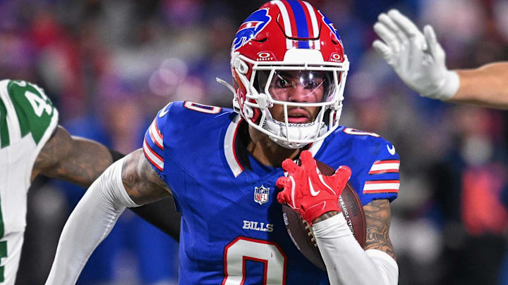 Buffalo Bills wide receiver Keon Coleman runs after making a catch against the New York Jets.