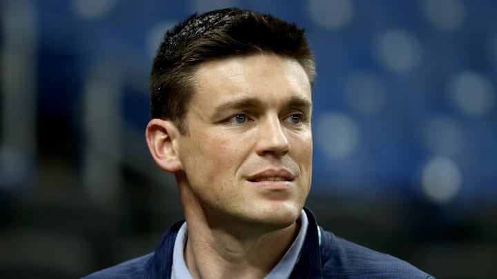 Oct 7, 2021; St. Petersburg, Florida, USA; Tampa Bay Rays general manager Erik Neander before game one of the 2021 ALDS at Tropicana Field. 