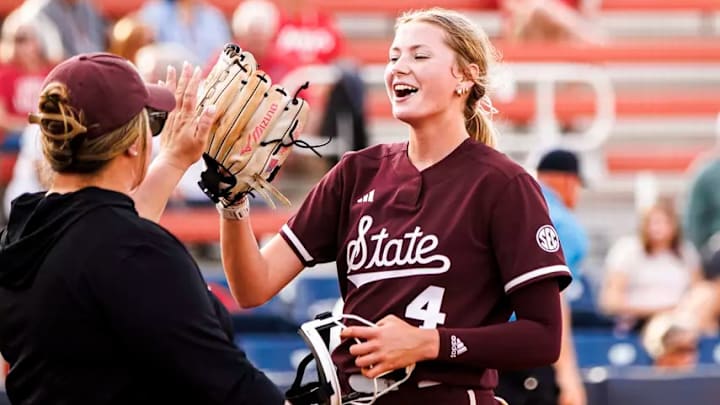 Mississippi State Pitcher Alyssa Faircloth (#4) during the game between the South Alabama Jaguars and the Mississippi State Bulldogs at Jaguar Field in Mobile, AL.
