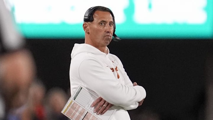 Texas Longhorns head coach Steve Sarkisian looks on in the first half against the Georgia Bulldogs  at Sanford Stadium. Mandatory Credit: Dale Zanine-Imagn Images
