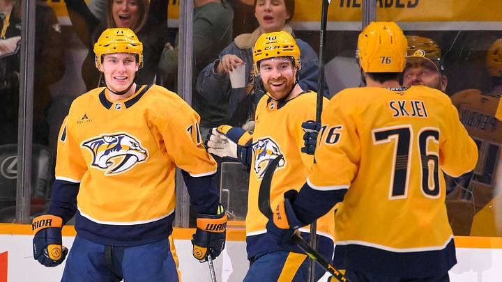 Nashville Predators right wing Matthew Wood (71) celebrates with his teammates after scoring a goal against the Boston Bruins Mar 5, 2026; Nashville, Tennessee, USA; during the second period at Bridgestone Arena. Mandatory Credit: Steve Roberts-Imagn Images Nashville Predators right wing Matthew Wood (71) celebrates with his teammates after scoring a goal against the Boston Bruins Mar 5, 2026; Nashville, Tennessee, USA; during the second period at Bridgestone Arena. Mandatory Credit: Steve Roberts-Imagn Images