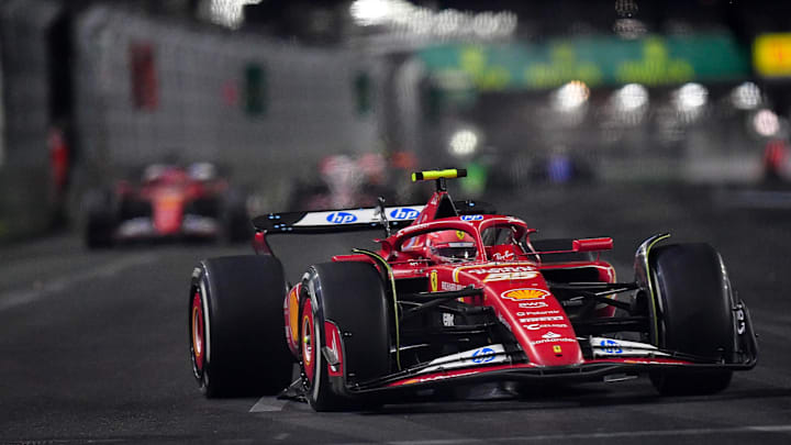 Nov 23, 2024; Las Vegas, Nevada, USA; Scuderia Ferrari driver Carlos Sainz (55) during the Las Vegas Grand Prix at Las Vegas Circuit. Mandatory Credit: Gary A. Vasquez-Imagn Images
