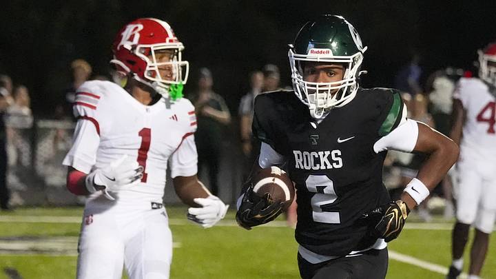 In one of the best games in the country Friday night, Trinity’s Kaleb Warner scores a fourth quarter touchdown against Baylor (TN). The Rocks fell 35-27. In one of the best games in the country Friday night, Trinity’s Kaleb Warner scores a fourth quarter touchdown against Baylor (TN). The Rocks fell 35-27.