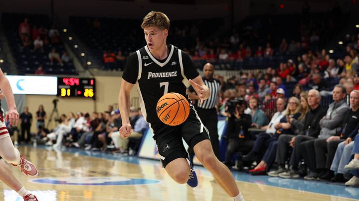 Nov 27, 2025; San Diego, CA, USA; Providence Friars guard Stefan Vaaks (7) handles the ball against Wisconsin Badgers during the first half at Jenny Craig Pavilion. Mandatory Credit: Abe Arredondo-Imagn Images Nov 27, 2025; San Diego, CA, USA; Providence Friars guard Stefan Vaaks (7) handles the ball against Wisconsin Badgers during the first half at Jenny Craig Pavilion. Mandatory Credit: Abe Arredondo-Imagn Images