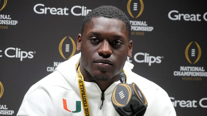 Jan 17, 2026; Miami, Florida, USA; Miami Hurricanes linebacker Wesley Bissainthe during media day for the 2025 College Football Playoff National Championship at Miami Beach Convention Center. 