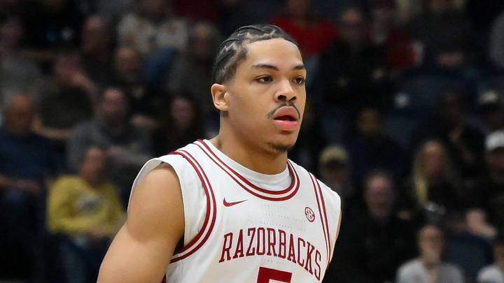 Mar 15, 2026; Nashville, TN, USA; Arkansas Razorbacks guard Darius Acuff Jr. (5) brings the ball up court against the Vanderbilt Commodores during the men's SEC Conference Tournament Championship at Bridgestone Arena. Mandatory Credit: Steve Roberts-Imagn Images