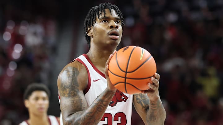 Arkansas Razorbacks forward Nick Pringle (23) shoots a free throw during the first half against the South Carolina Gamecocks at Bud Walton Arena in Fayetteville, Ark.