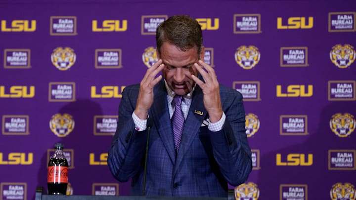 Dec 1, 2025; Baton Rouge, LA, USA; LSU new head coach Lane Kiffin speaks at South Stadium Club at Tiger Stadium. Mandatory Credit: Matthew Hinton-Imagn Images