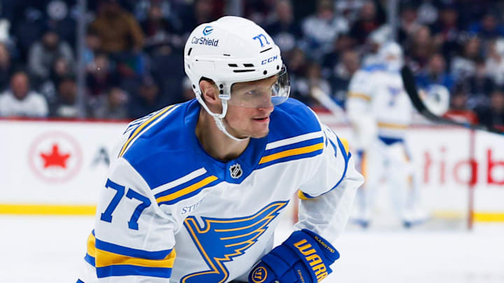 Jan 20, 2026; Winnipeg, Manitoba, CAN; St. Louis Blues forward Nick Bjugstad (77) looks to take a shot in the Winnipeg Jets zone during the first period at Canada Life Centre. Mandatory Credit: Terrence Lee-Imagn Images