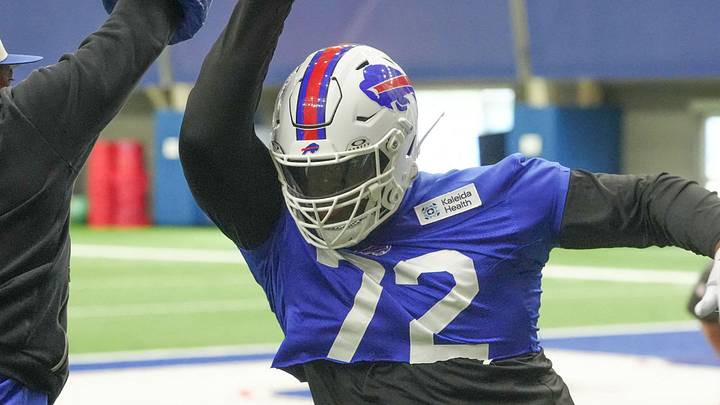Jun 9, 2026; Orchard Park, NY, USA; Buffalo Bills defensive tackle Phidarian Mathis (72) trains during Buffalo Bills Minicamp. Mandatory Credit: Gregory Fisher-Imagn Images