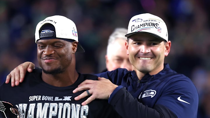 Seattle Seahawks head coach Mike Macdonald and RB Kenneth Walker III celebrate Seattle Seahawks head coach Mike Macdonald and RB Kenneth Walker III celebrate
