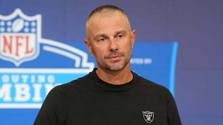 Feb 24, 2026; Indianapolis, IN, USA; Las Vegas Raiders general manager John Spytek speaks at the NFL Scouting Combine at the Indiana Convention Center. Mandatory Credit: Kirby Lee-Imagn Images