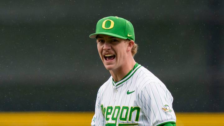 Oregon right-handed pitcher Collin Clarke celebrates a strike-out as the Oregon Ducks host the George Mason Patriots on Feb. 14, 2026, at PK Park in Eugene, Oregon. Oregon right-handed pitcher Collin Clarke celebrates a strike-out as the Oregon Ducks host the George Mason Patriots on Feb. 14, 2026, at PK Park in Eugene, Oregon.