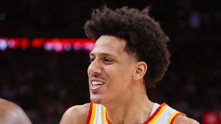 Atlanta Hawks forward Jalen Johnson (1) celebrates with forward Onyeka Okongwu (17) after a victory over the New York Knicks in game three of the first round of the 2026 NBA Playoffs at State Farm Arena on April 23, 2026.