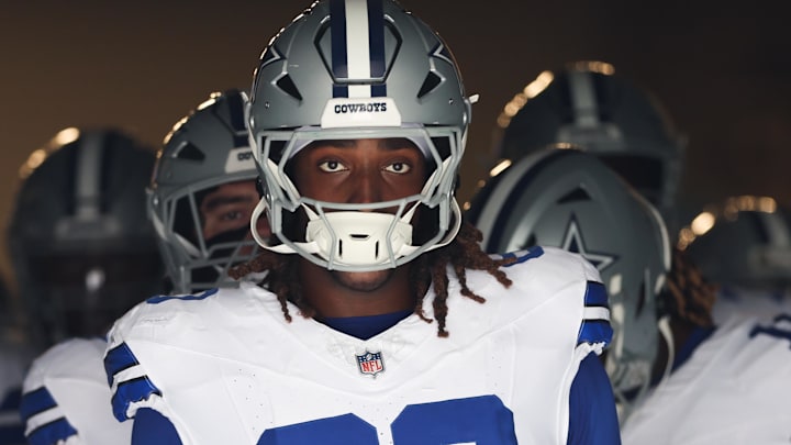 Oct 12, 2025; Charlotte, North Carolina, USA; Dallas Cowboys offensive tackle Tyler Guyton (60) prepares to enter the field prior to the game against the Carolina Panthers at Bank of America Stadium.