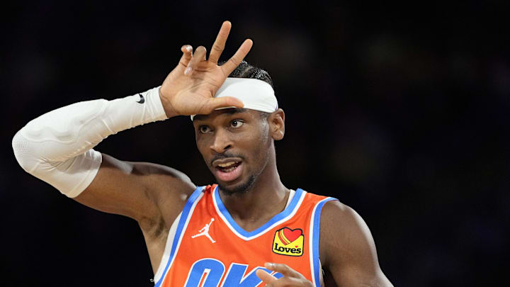 Dec 14, 2024; Las Vegas, Nevada, USA; Oklahoma City Thunder guard Shai Gilgeous-Alexander (2) reacts during the fourth quarter against the Houston Rockets in a semifinal of the 2024 Emirates NBA Cup at T-Mobile Arena. Mandatory Credit: Kyle Terada-Imagn Images Dec 14, 2024; Las Vegas, Nevada, USA; Oklahoma City Thunder guard Shai Gilgeous-Alexander (2) reacts during the fourth quarter against the Houston Rockets in a semifinal of the 2024 Emirates NBA Cup at T-Mobile Arena. Mandatory Credit: Kyle Terada-Imagn Images