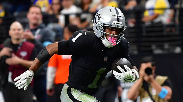 Oct 25, 2026; Paradise, Nevada, USA; Las Vegas Raiders wide receiver Tre Tucker (1) makes a touchdown catch past Los Angeles Rams safety Kamren Kinchens (5) in the second half at Allegiant Stadium. Mandatory Credit: Gary A. Vasquez-Imagn Images Oct 25, 2026; Paradise, Nevada, USA; Las Vegas Raiders wide receiver Tre Tucker (1) makes a touchdown catch past Los Angeles Rams safety Kamren Kinchens (5) in the second half at Allegiant Stadium. Mandatory Credit: Gary A. Vasquez-Imagn Images