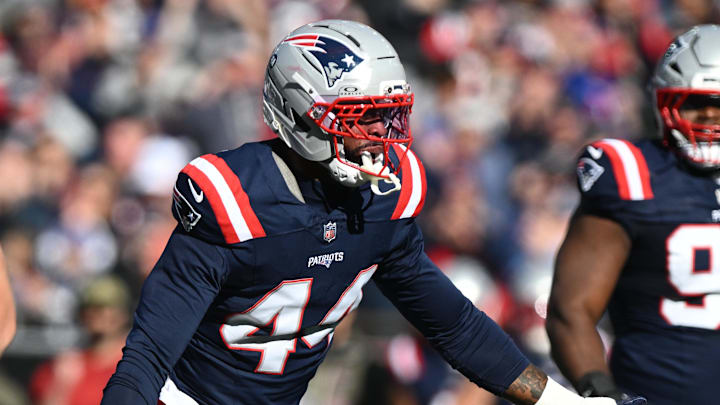 Nov 2, 2025; Foxborough, Massachusetts, USA; New England Patriots linebacker K'Lavon Chaisson (44) reacts after a sack against the Atlanta Falcons during the first quarter at Gillette Stadium. Mandatory Credit: Brian Fluharty-Imagn Images