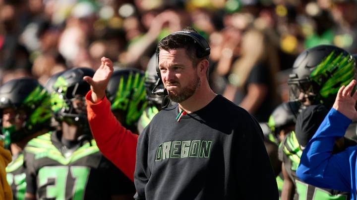 Oct 10, 2026; Eugene, Oregon, USA; Oregon Ducks head coach Dan Lanning watches the offenses during the second half in a game against the UCLA Bruins at Autzen Stadium. Oct 10, 2026; Eugene, Oregon, USA; Oregon Ducks head coach Dan Lanning watches the offenses during the second half in a game against the UCLA Bruins at Autzen Stadium.
