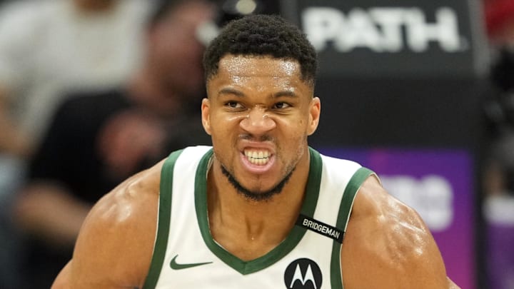 Milwaukee Bucks forward Giannis Antetokounmpo (34) reacts after scoring against the Sacramento Kings during the fourth quarter at Golden 1 Center. March 22, 2025.