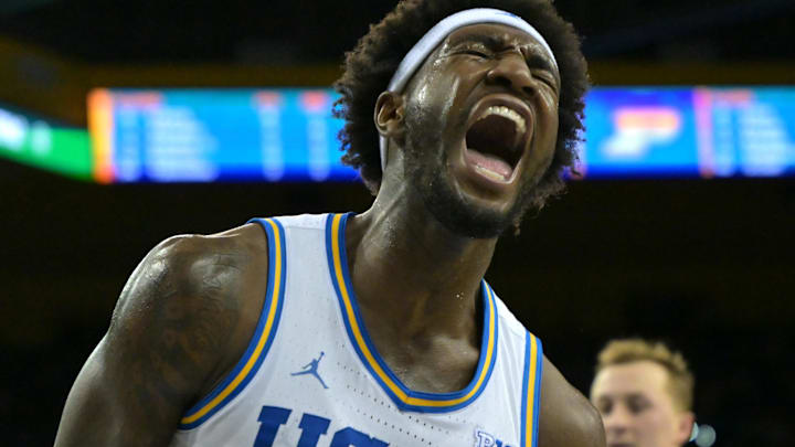 Jan 20, 2026; Los Angeles, California, USA;  UCLA Bruins guard Eric Dailey Jr. (3) reacts after a dunk in the first half against the Purdue Boilermakers at Pauley Pavilion presented by Wescom Financial. Mandatory Credit: Jayne Kamin-Oncea-Imagn Images
